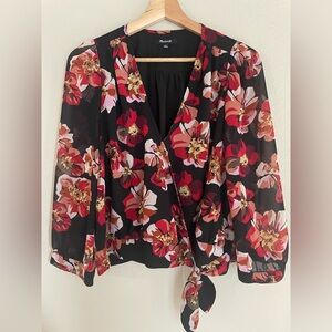 Madewell Black and Red Floral Wrap Blouse